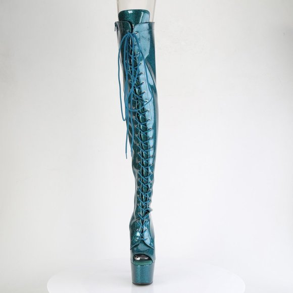 Glitter Platform Heel Lace Up Thigh High Boots - Picture 4 of 5